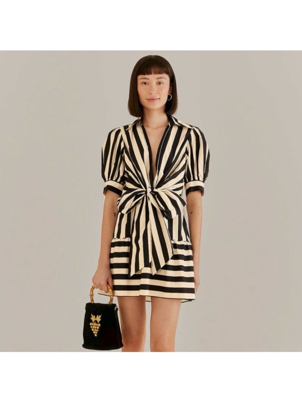 FARM Rio Black and Cream Striped Tie-Front Mini Dress